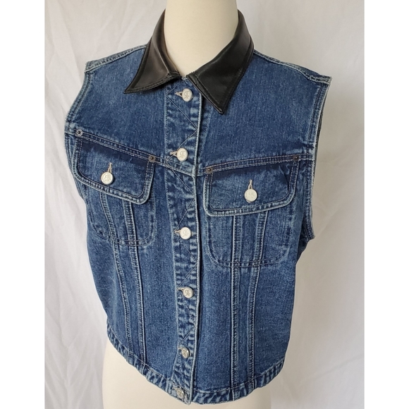 Vintage Tops - Vintage 90s Denim Vest with Faux Leather Collar